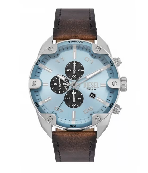 Diese_l Black Spiked Chronograph Black Leather Watch
