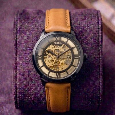 Fossi_l Townsman Skeleton Automatic Orange Brown Leather 302